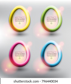 Abstract vector banner set of 4. Round banners in form of an egg. Frames with shiny lights. Isolated on the light background. Each item contains space for own text. Vector illustration. Eps 10.