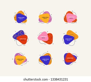 Abstract vector banner set. Flat geometrical rounded shapes of bold colors in Memphis design style. Templates for web, logo, card or presentation  design.