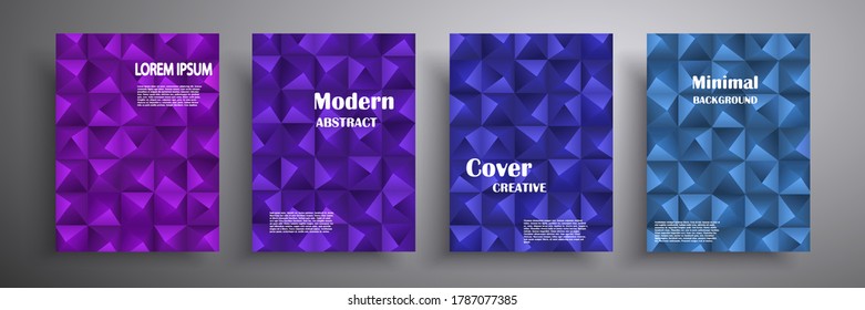 Abstract vector banner, set of modern mosaic cover designs in blue and purple colors. A trendy background that is applicable for cover designs, invitations, presentations, and more.