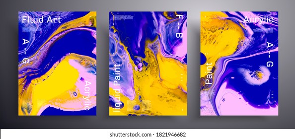 Abstract vector banner, set of modern design fluid art covers. Artistic background that applicable for design cover, invitation, flyer and etc. Navy blue, yellow and pink creative iridescent artwork.