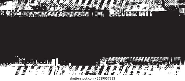 Abstract vector banner with space for text on the theme of urbanism. Grunge street art on the background of geometric urban architecture, silhouettes of skyscrapers of the big city. T-shirt design. 