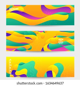 Abstract vector banner template with bright gradient wavy organic overlapping shapes grunge textured. Fluid wavy lines art. Template for seasonal sale advertising  marketing technology.
