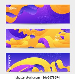 Abstract vector banner template with bright gradient wavy organic overlapping shapes grunge textured. Fluid wavy lines art. Disco music 80’s poster design. Social media frame or border.