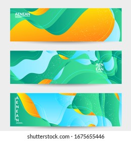 Abstract vector banner template with bright gradient wavy organic overlapping shapes grunge textured. Fluid wavy lines art. Disco music 80’s poster design. Social media frame or border.