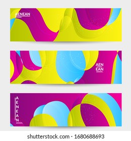 Abstract vector banner template with bright gradient wavy organic overlapping shapes grunge textured. Fluid wavy lines art. Disco music 80’s poster design. Social media frame or border.