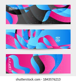 Abstract vector banner template with bright gradient wavy organic overlapping shapes grunge textured. Fluid wavy lines art. Disco music 80’s poster design. Social media frame or border.
