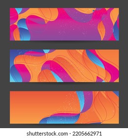Abstract vector banner template with bright gradient wavy organic overlapping shapes grunge textured. Fluid wavy lines art. Disco music 80’s poster design. Social media frame or border.
