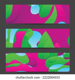 Abstract vector banner template with bright gradient wavy organic overlapping shapes grunge textured. Fluid wavy lines art. Disco music 80’s poster design. Social media frame or border.