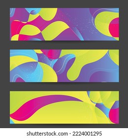 Abstract vector banner template with bright gradient wavy organic overlapping shapes grunge textured. Fluid wavy lines art. Disco music 80’s poster design. Social media frame or border.