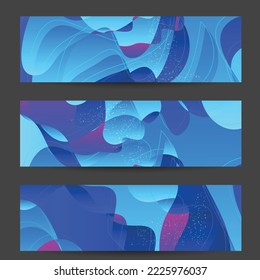 Abstract vector banner template with bright gradient wavy organic overlapping shapes grunge textured. Fluid wavy lines art. Disco music 80’s poster design. Social media frame or border.