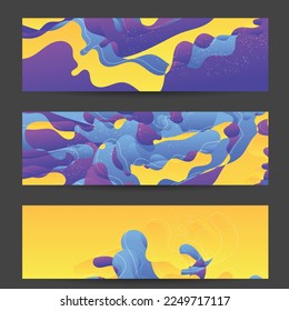 Abstract vector banner template with bright gradient wavy organic overlapping shapes grunge textured. Fluid wavy lines art. Disco music 80’s poster design. Social media frame or border.