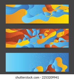 Abstract vector banner template with bright gradient wavy organic overlapping shapes grunge textured. Fluid wavy lines art. Disco music 80’s poster design. Social media frame or border.