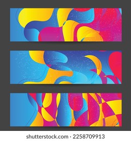 Abstract vector banner template with bright gradient wavy organic overlapping shapes grunge textured. Fluid wavy lines art. Disco music 80’s poster design. Social media frame or border.