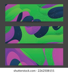 Abstract vector banner template with bright gradient wavy organic overlapping shapes grunge textured. Fluid wavy lines art. Disco music 80’s poster design. Social media frame or border.