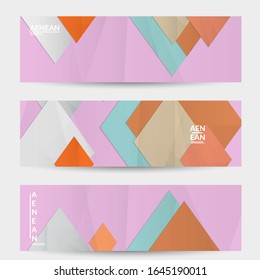 Abstract vector banner template with folded paper overlapping geometric shapes. Environmental design with cut out geometric objects made of recycled reused paper. Top view geometric pattern.