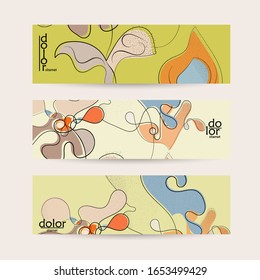 Plantilla de banner vectorial abstracta con frutas dibujadas a mano gruesas texturadas. Ilustración conceptual de la comida de color plano. Promoción web de comida saludable. Diseño del logo de la fruta de la línea. Líneas onduladas curvadas.