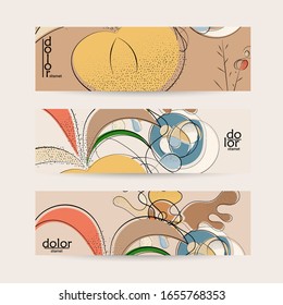 Abstract vector banner template with hand drawn fruits grunge textured. Flat colored food concept illustration. Healthy eating web promotion. Line art fruit logo design. Curvy wavy lines.