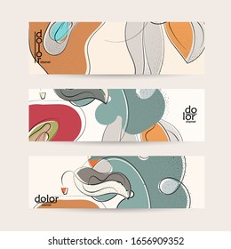 Abstrakte Vektorillustration-Banner-Vorlage mit handgezeichneter Fruchtgrunge strukturiert. Illustration des flachen Lebensmittelkonzepts. Gesunde Ernährung Web-Promotion. Logo-Design von Line-Art-Frucht. Curvy Wavy Linien.