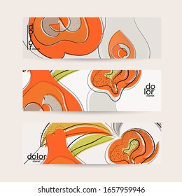 Abstract vector banner template with hand drawn fruits grunge textured. Flat colored food concept illustration. Healthy eating web promotion. Line art fruit logo design. Curvy wavy lines.