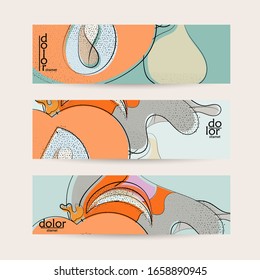 Abstract vector banner template with hand drawn fruits grunge textured. Flat colored food concept illustration. Healthy eating web promotion. Line art fruit logo design. Curvy wavy lines.