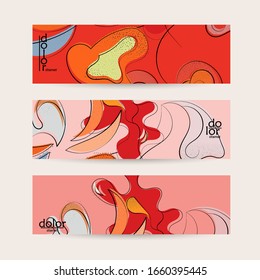 Abstract vector banner template with hand drawn fruits grunge textured. Flat colored food concept illustration. Healthy eating web promotion. Line art fruit logo design. Curvy wavy lines.