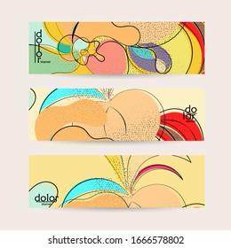 Abstract vector banner template with hand drawn fruits grunge textured. Flat colored food concept illustration. Healthy eating web promotion. Line art fruit logo design. Curvy wavy lines.
