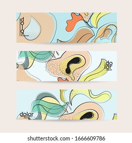 Abstract vector banner template with hand drawn fruits grunge textured. Flat colored food concept illustration. Healthy eating web promotion. Line art fruit logo design. Curvy wavy lines.