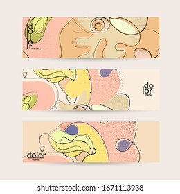 Plantilla de banner vectorial abstracta con frutas dibujadas a mano gruesas texturadas. Ilustración conceptual de la comida de color plano. Promoción web de comida saludable. Diseño del logo de la fruta de la línea. Líneas onduladas curvadas.