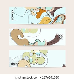 Abstract vector banner template with hand drawn fruits grunge textured. Flat colored food concept illustration. Healthy eating web promotion. Line art fruit logo design. Curvy wavy lines.