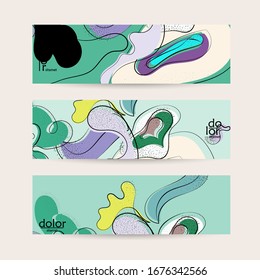 Abstract vector banner template with hand drawn fruits grunge textured. Flat colored food concept illustration. Healthy eating web promotion. Line art fruit logo design. Curvy wavy lines.
