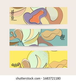 Abstract vector banner template with hand drawn fruits grunge textured. Flat colored food concept illustration. Healthy eating web promotion. Line art fruit logo design. Curvy wavy lines.