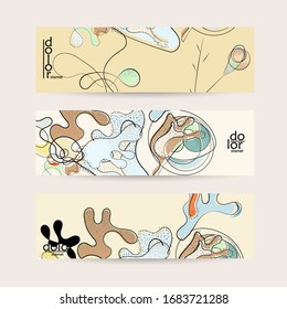 Abstract vector banner template with hand drawn fruits grunge textured. Flat colored food concept illustration. Healthy eating web promotion. Line art fruit logo design. Curvy wavy lines.