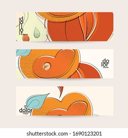 Abstract vector banner template with hand drawn fruits grunge textured. Flat colored food concept illustration. Healthy eating web promotion. Line art fruit logo design. Curvy wavy lines.