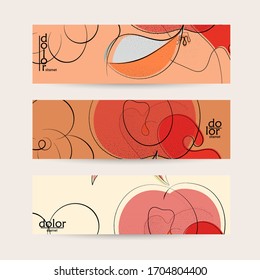 Abstract vector banner template with hand drawn fruits grunge textured. Flat colored food concept illustration. Healthy eating web promotion. Line art fruit logo design. Curvy wavy lines.