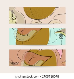 Abstract vector banner template with hand drawn fruits grunge textured. Flat colored food concept illustration. Healthy eating web promotion. Line art fruit logo design. Curvy wavy lines.