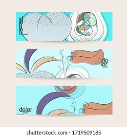 Abstract vector banner template with hand drawn fruits grunge textured. Flat colored food concept illustration. Healthy eating web promotion. Line art fruit logo design. Curvy wavy lines.
