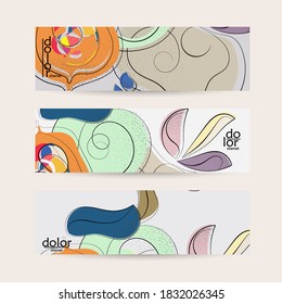 Abstract vector banner template with hand drawn fruits grunge textured. Flat colored food concept illustration. Healthy eating web promotion. Line art fruit logo design. Curvy wavy lines.