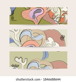 Abstract vector banner template with hand drawn fruits grunge textured. Flat colored food concept illustration. Healthy eating web promotion. Line art fruit logo design. Curvy wavy lines.