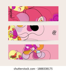 Abstract vector banner template with hand drawn fruits grunge textured. Flat colored food concept illustration. Healthy eating web promotion. Line art fruit logo design. Curvy wavy lines.