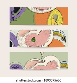 Abstract vector banner template with hand drawn fruits grunge textured. Flat colored food concept illustration. Healthy eating web promotion. Line art fruit logo design. Curvy wavy lines.