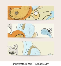 Resumen de la plantilla de banner vectorial con frutos dibujados a mano grunge texturado. Ilustración del concepto de comida de color plano. Promoción web de alimentación saludable. Diseño del logo de la fruta de la línea. Líneas onduladas con curvas.