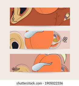 Abstract vector banner template with hand drawn fruits grunge textured. Flat colored food concept illustration. Healthy eating web promotion. Line art fruit logo design. Curvy wavy lines.