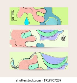 Abstract vector banner template with hand drawn fruits grunge textured. Flat colored food concept illustration. Healthy eating web promotion. Line art fruit logo design. Curvy wavy lines.