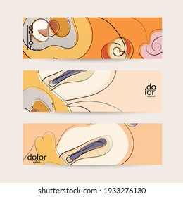 Abstract vector banner template with hand drawn fruits grunge textured. Flat colored food concept illustration. Healthy eating web promotion. Line art fruit logo design. Curvy wavy lines.