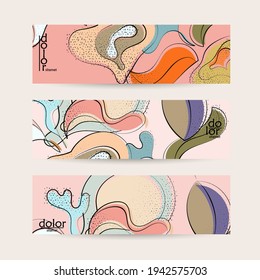 Abstract vector banner template with hand drawn fruits grunge textured. Flat colored food concept illustration. Healthy eating web promotion. Line art fruit logo design. Curvy wavy lines.