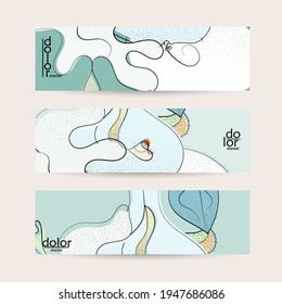 Abstract vector banner template with hand drawn fruits grunge textured. Flat colored food concept illustration. Healthy eating web promotion. Line art fruit logo design. Curvy wavy lines.