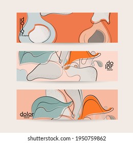 Abstract vector banner template with hand drawn fruits grunge textured. Flat colored food concept illustration. Healthy eating web promotion. Line art fruit logo design. Curvy wavy lines.