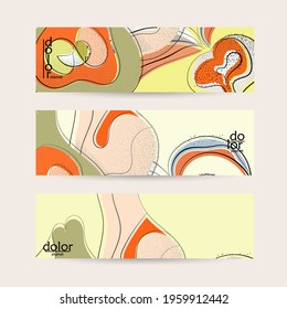 Abstract vector banner template with hand drawn fruits grunge textured. Flat colored food concept illustration. Healthy eating web promotion. Line art fruit logo design. Curvy wavy lines.