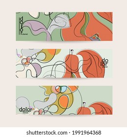 Abstract vector banner template with hand drawn fruits grunge textured. Flat colored food concept illustration. Healthy eating web promotion. Line art fruit logo design. Curvy wavy lines.