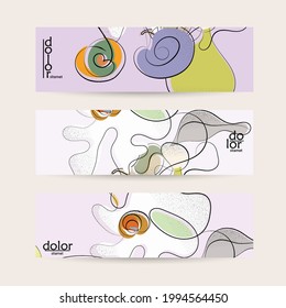 Resumen de la plantilla de banner vectorial con frutos dibujados a mano grunge texturado. Ilustración del concepto de comida de color plano. Promoción web de alimentación saludable. Diseño del logo de la fruta de la línea. Líneas onduladas con curvas.